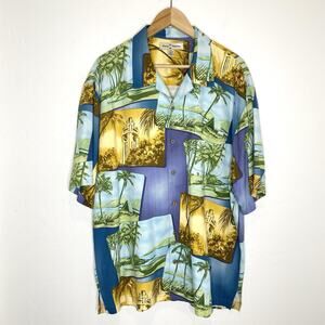 Tommy Bahama Silk Button Up Shirt Postcard Print Mens XL Blue Gold Hawaiian